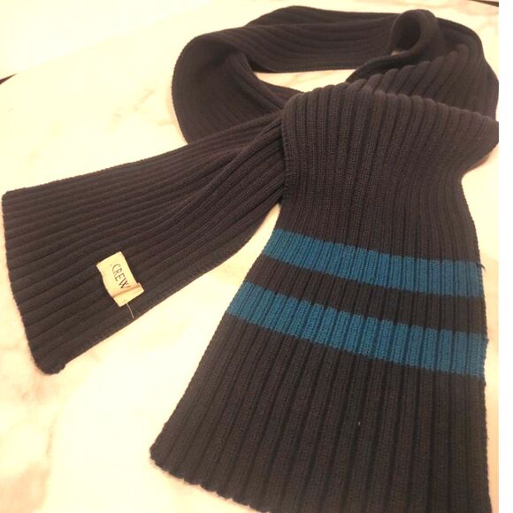 J.Crew  Ribbed Knit Long Scarf Unisex Luxury Wool Blend Navy Blue Stripe 86" - Picture 10 of 13